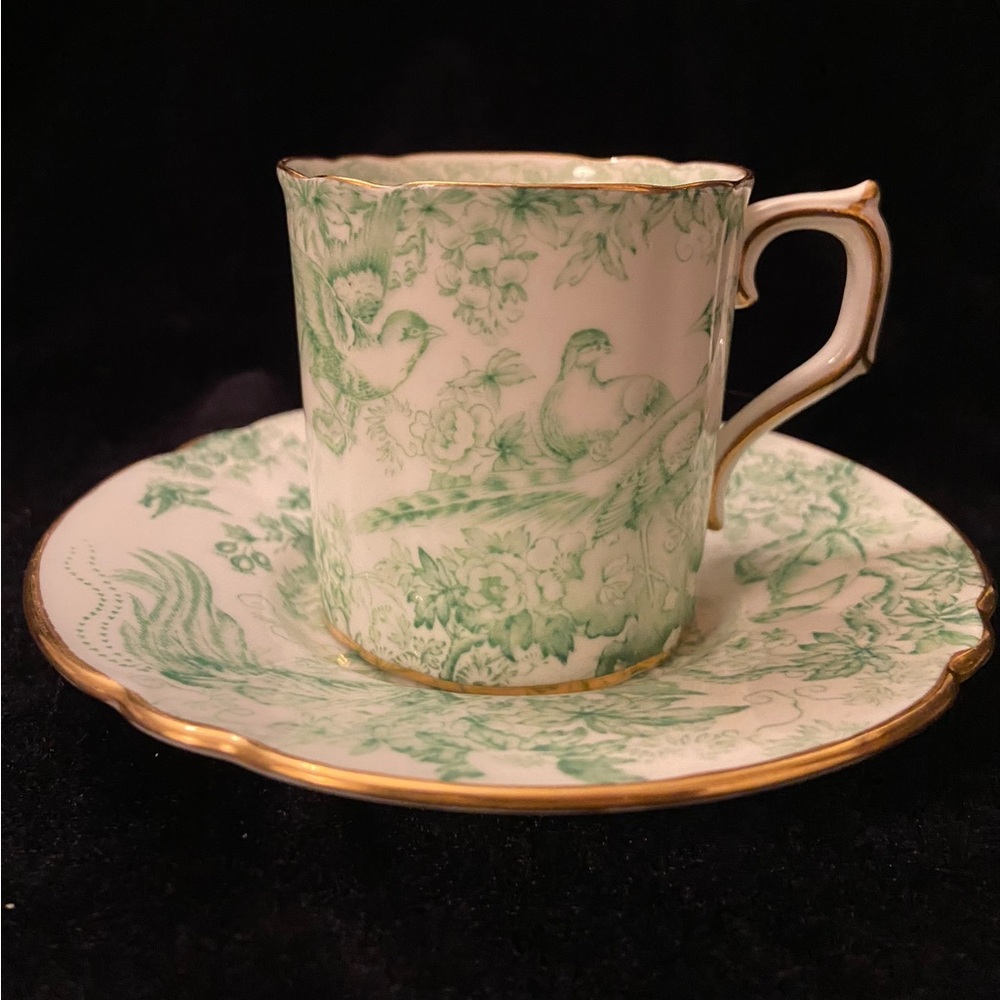 Green Aves by Royal Crown Derby Demitasse Cup & Saucer Vintage Toile